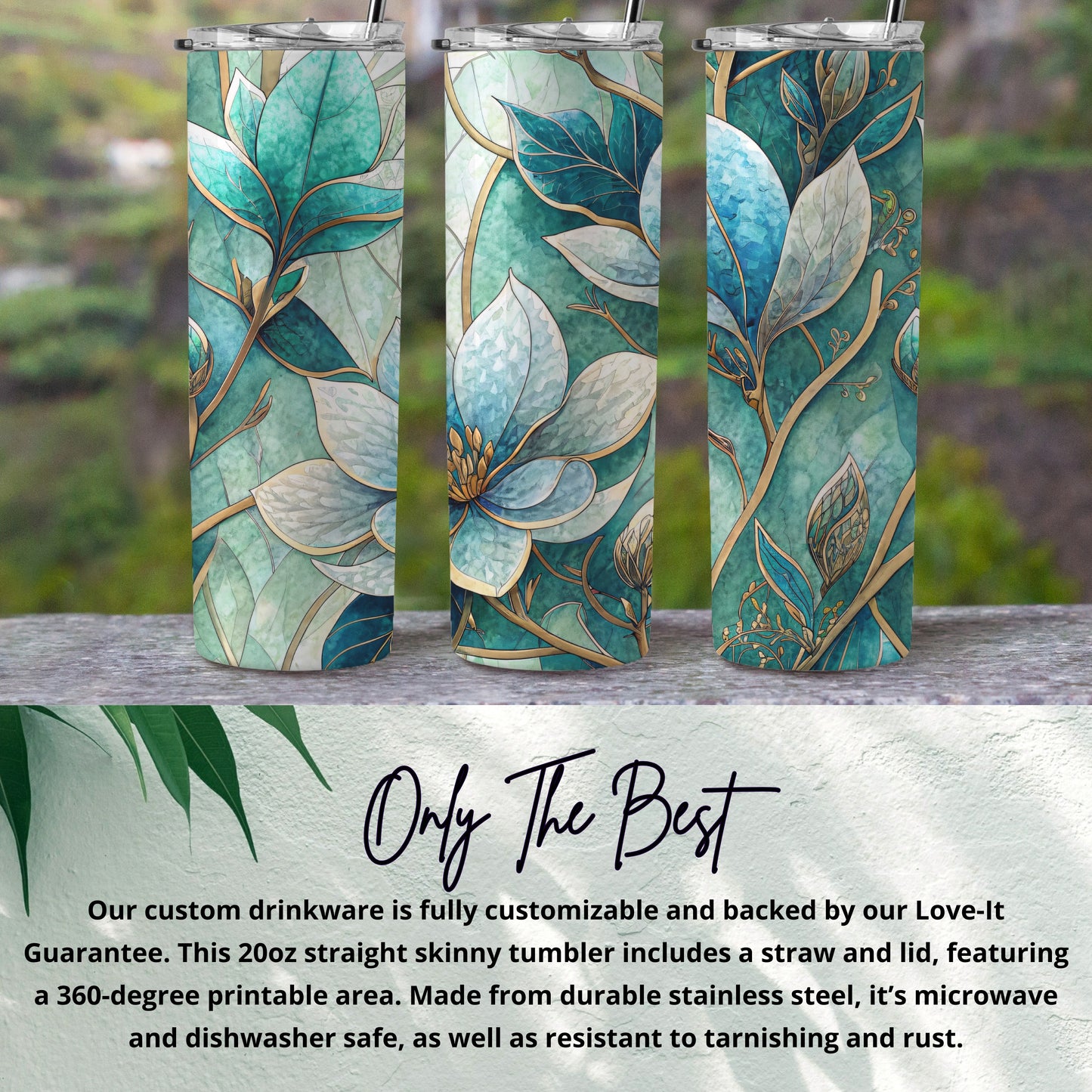 Teal And Gold Floral Watercolor Pattern 20 oz Skinny Tumbler - Walk Greener