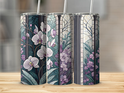 Stained Glass with Orchids and Blooms Pattern Art 20 oz Skinny Tumbler - Walk Greener