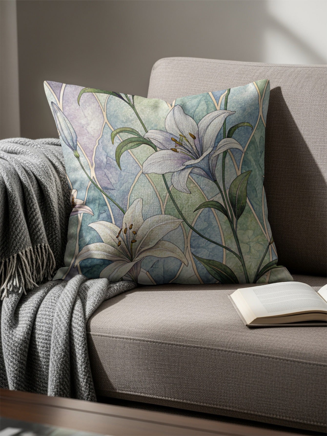 Pastel Lily Pattern Against Blue Green Arches Throw Pillows - Walk Greener