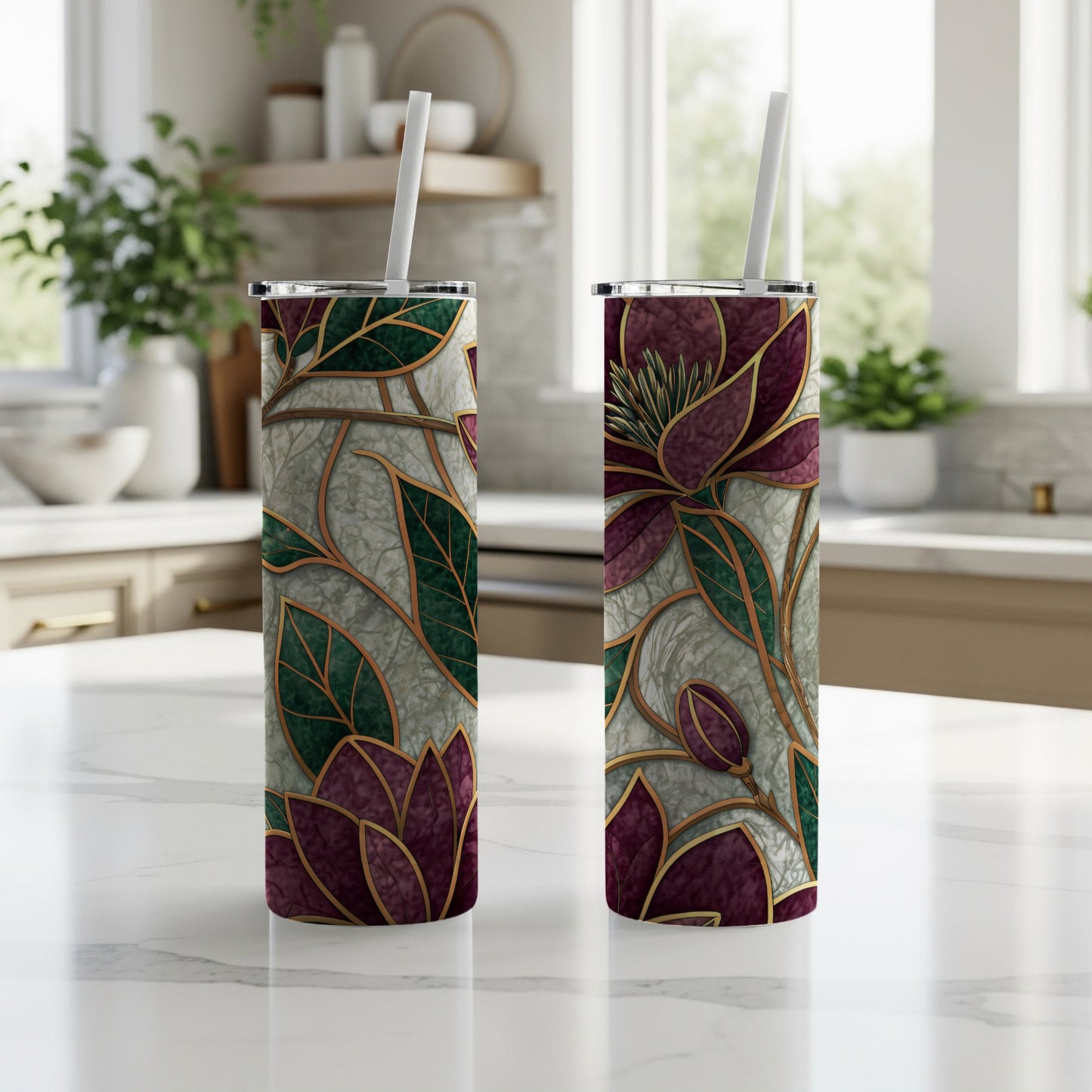 Magnolia Floral Green Leaves Burgundy Petals 20 oz Skinny Tumbler - Walk Greener