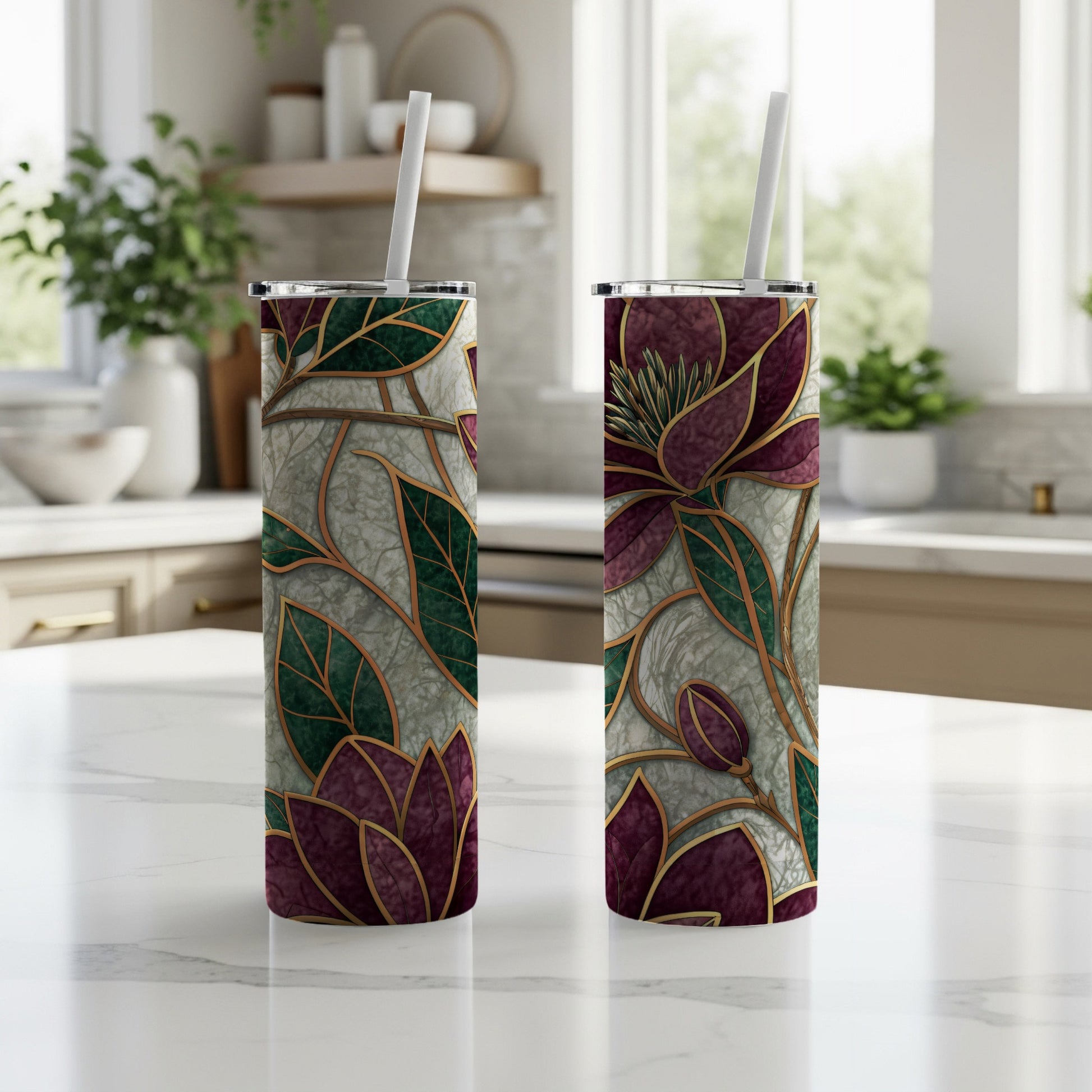 Magnolia Floral Green Leaves Burgundy Petals 20 oz Skinny Tumbler - Walk Greener