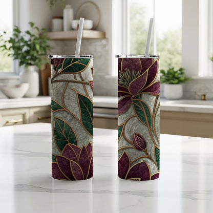 Magnolia Floral Green Leaves Burgundy Petals 20 oz Skinny Tumbler - Walk Greener