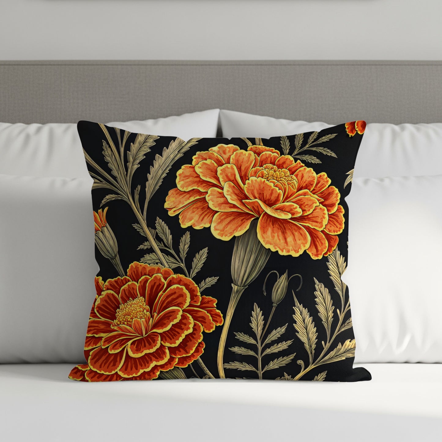 Vibrant Orange and Black Floral Print Cushion Cover