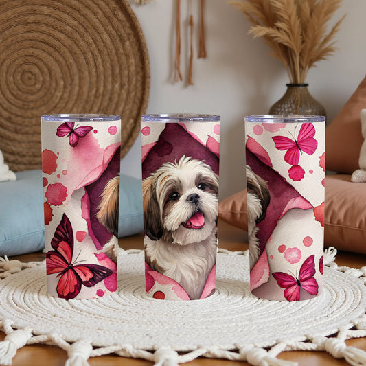 Cute Dog and Pink Butterflies Design Travel Tumbler