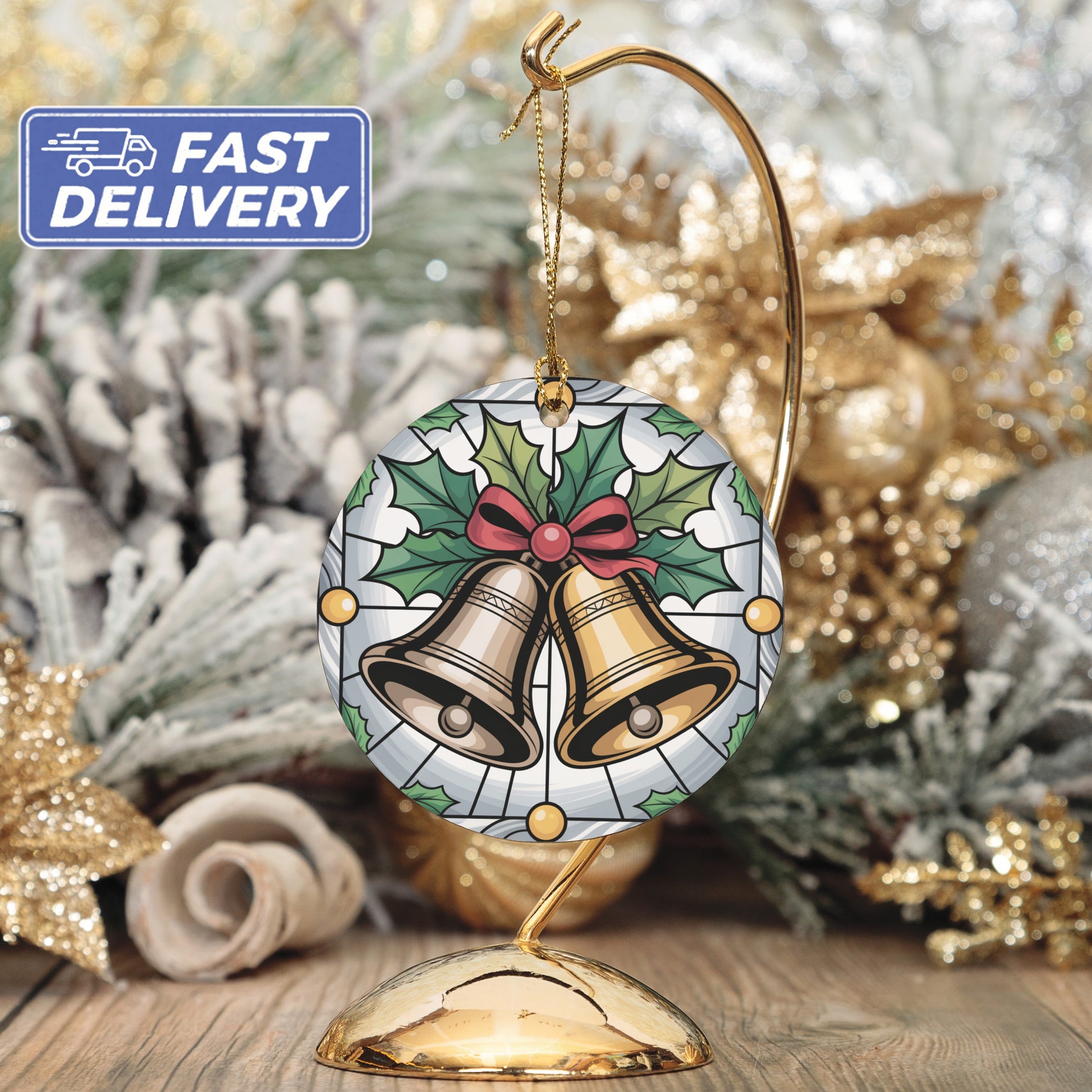 Festive Christmas Bells Ornament with Holly product