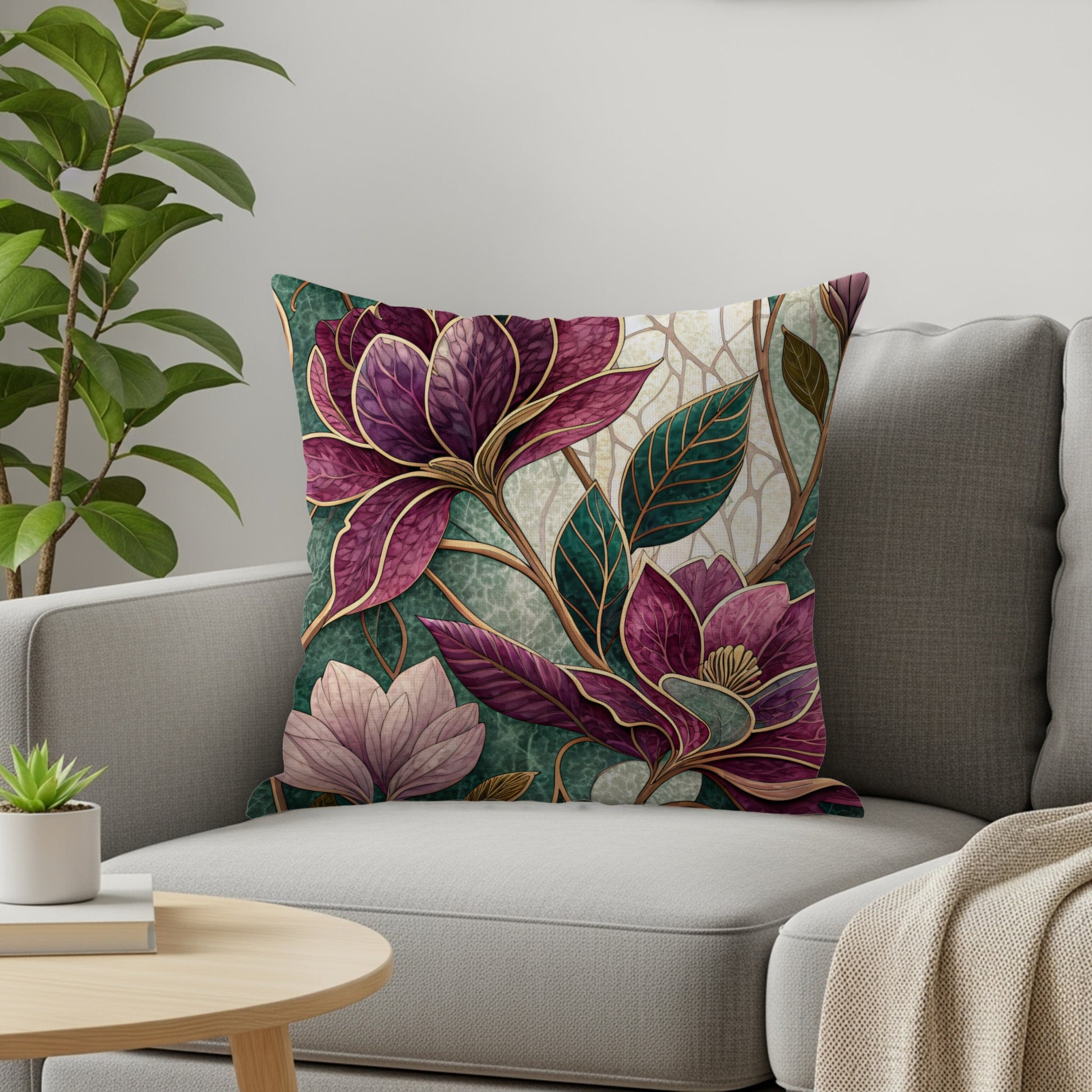 Magnolia Floral Artwork in Green and Purple Tones Throw Pillows - Walk Greener