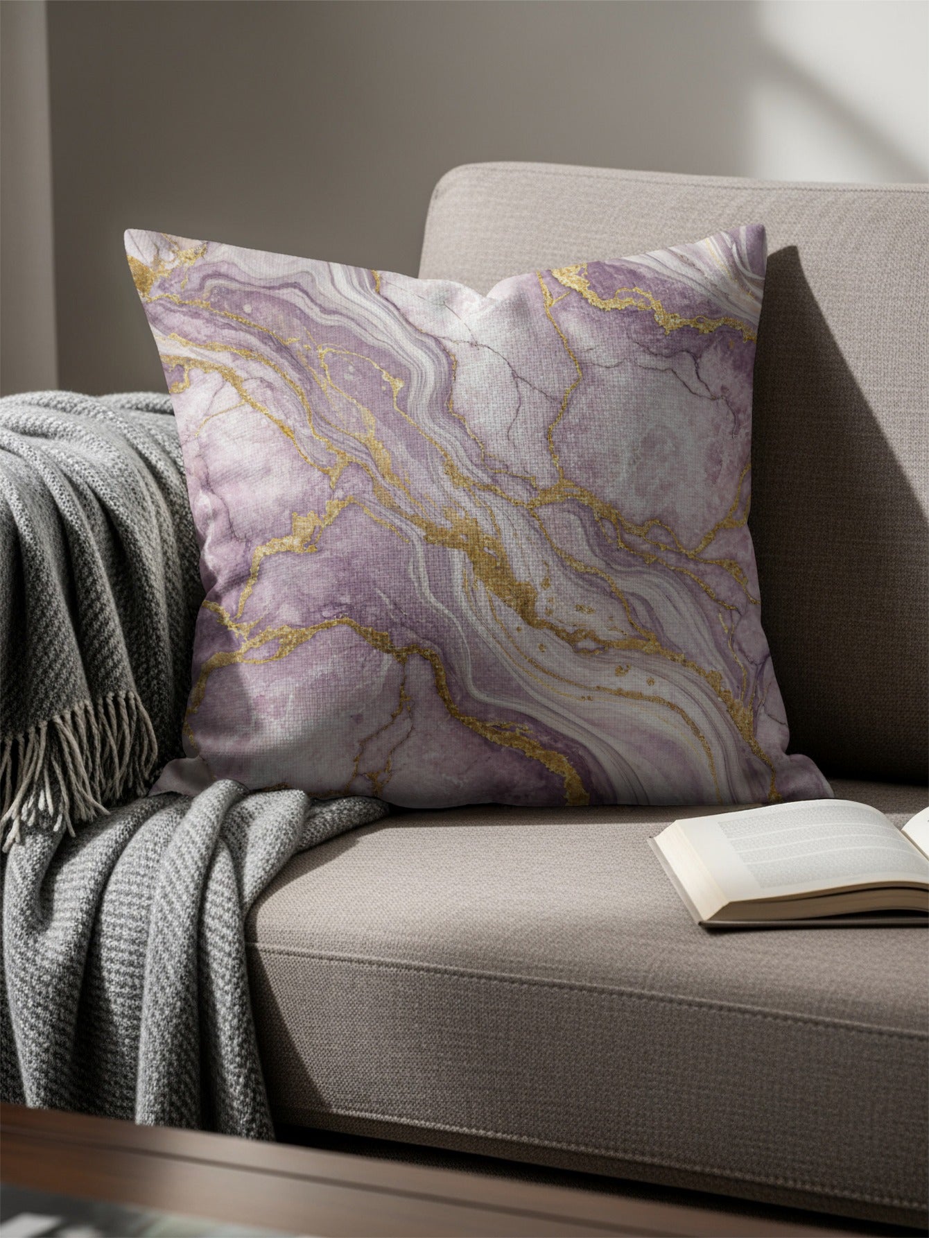 Elegant Purple and Gold Marble Design Cushion Cover