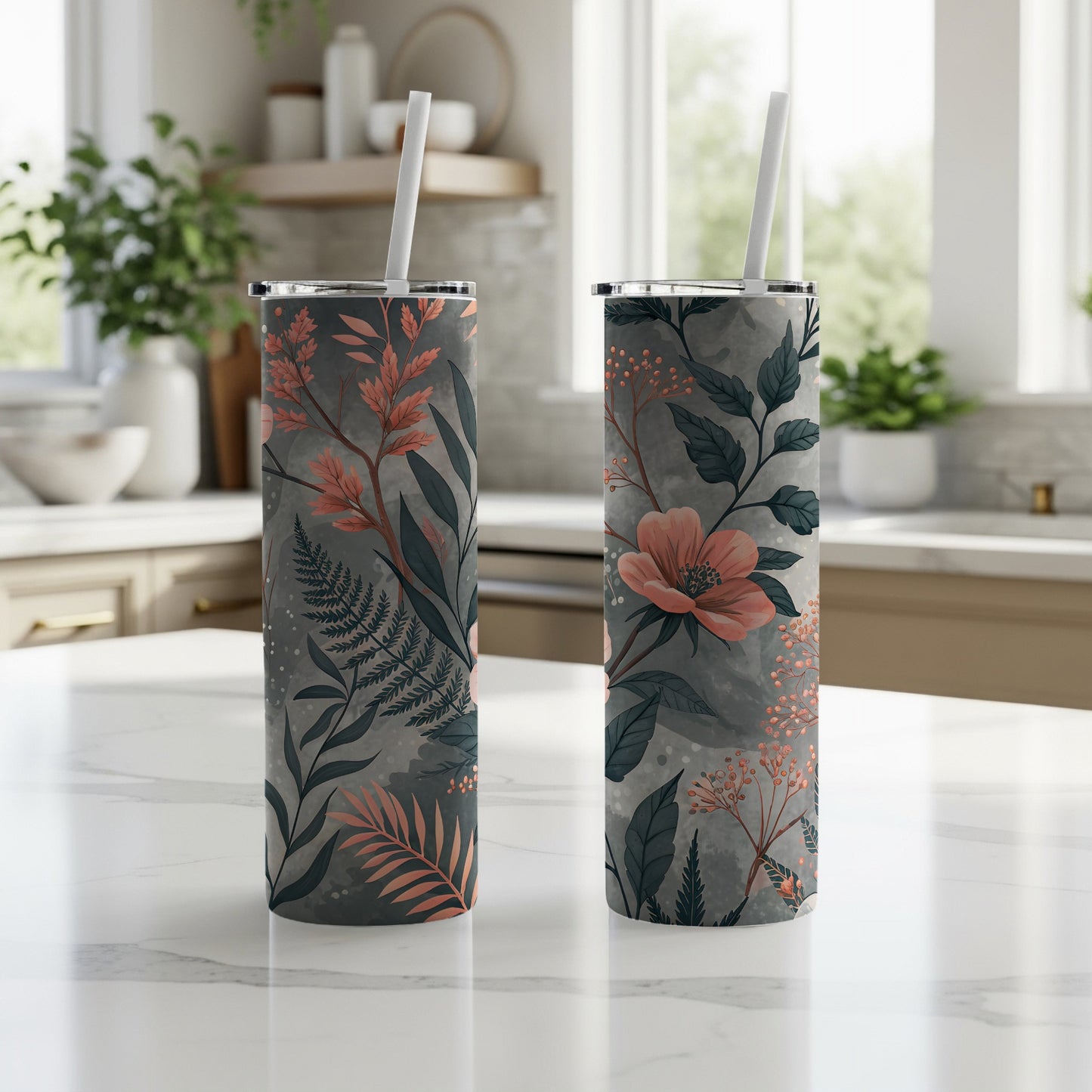 Floral Design Pattern on Gray Background Great Tumbler - Walk Greener