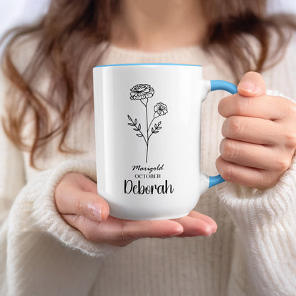 Personalized Marigold October Flower Mug with Custom Name