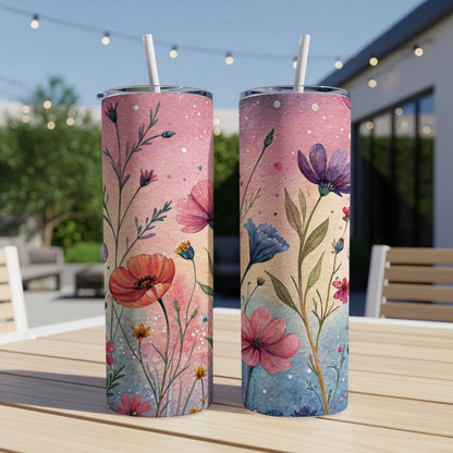 Watercolor Flowers Garden Aesthetic Art 20 oz Skinny Tumbler - Walk Greener