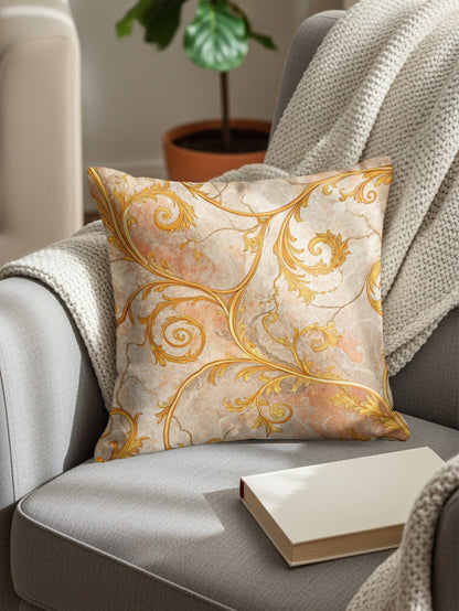 Golden Floral Swirls Over Faux Marble Decorative Floral Throw Pillows - Walk Greener