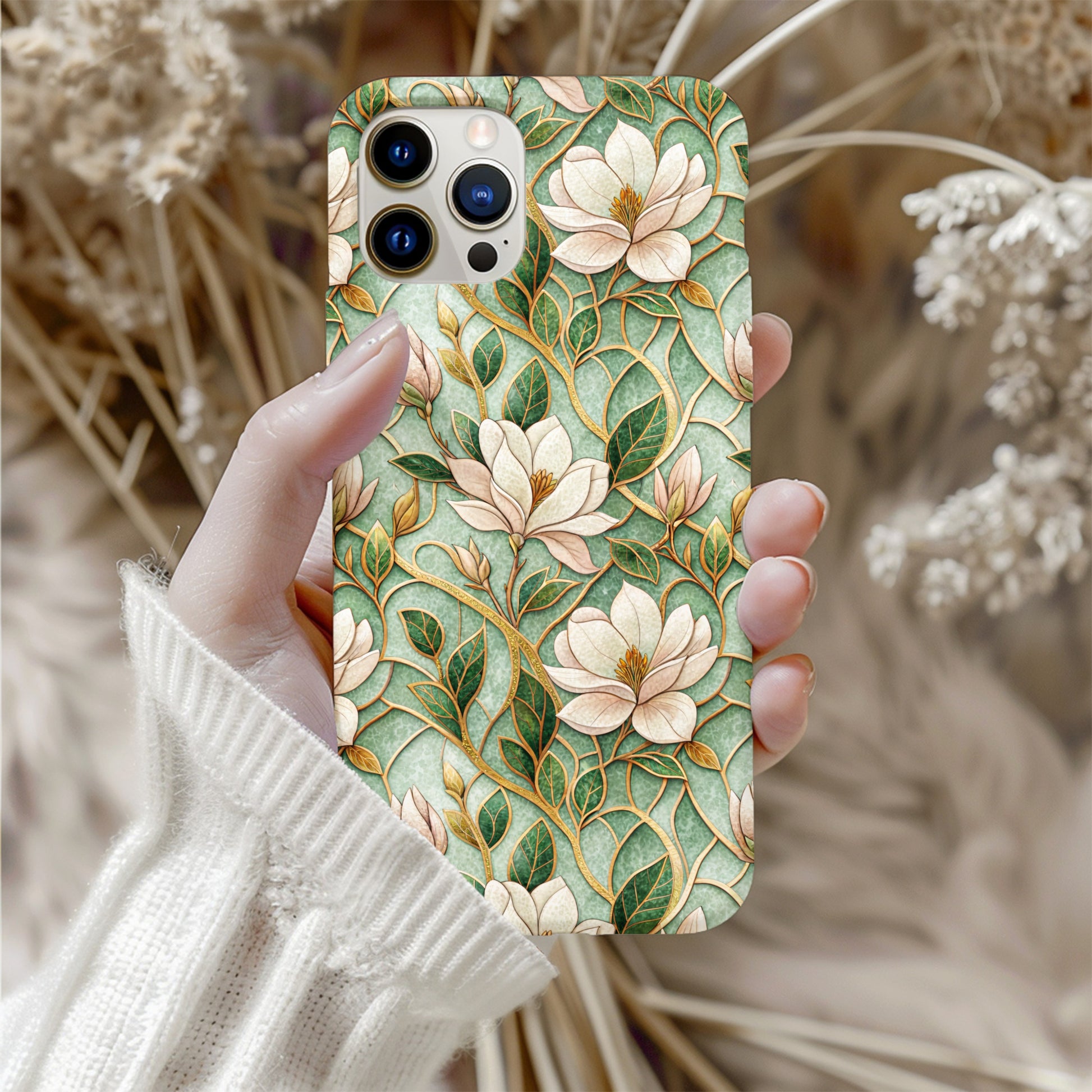 Green Floral Design iPhone Case with Elegant Flowers