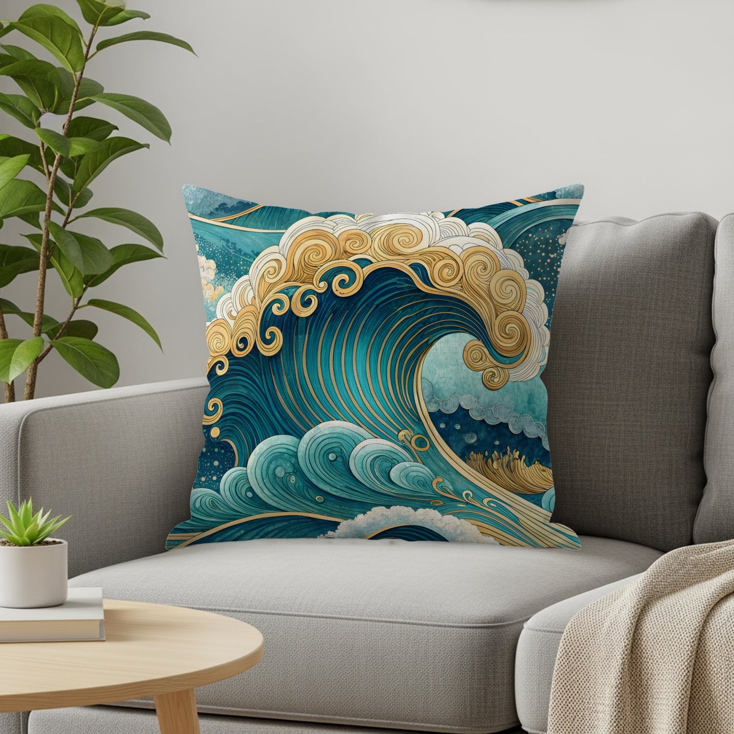 Oceanic Bliss Azure and Gold Waves Pattern Throw Pillows - Walk Greener