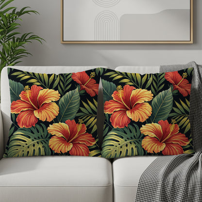 Tropical Hibiscus with Green Leaves Decorative Floral Throw Pillows - Walk Greener