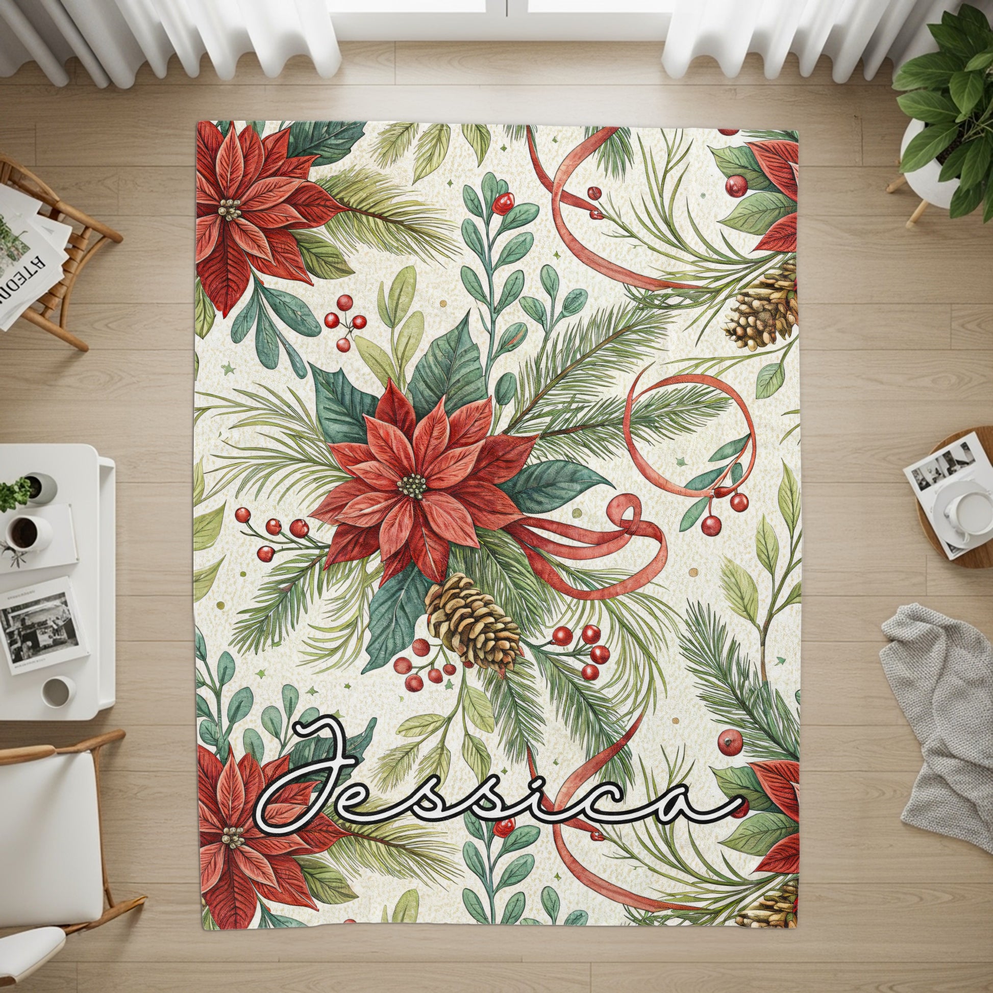 Festive Holiday Floral Custom Name Area Rug