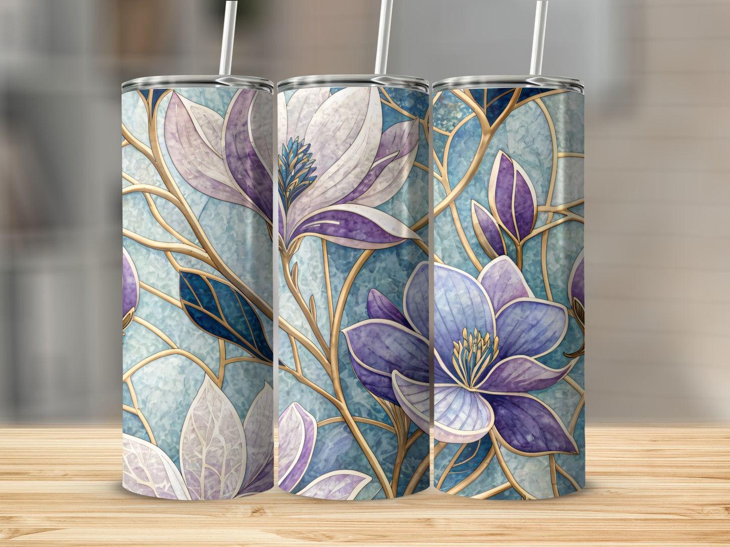 Floral Elegance Blue and Purple Magnolias 20 oz Skinny Tumbler - Walk Greener
