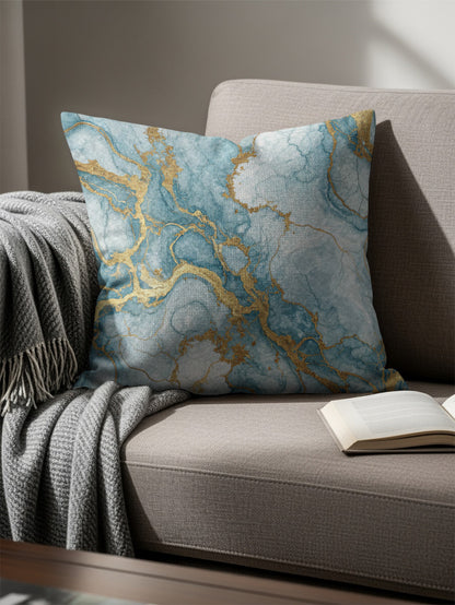 Abstract Gold Veins In Blue Art Decorative Floral Throw Pillows - Walk Greener