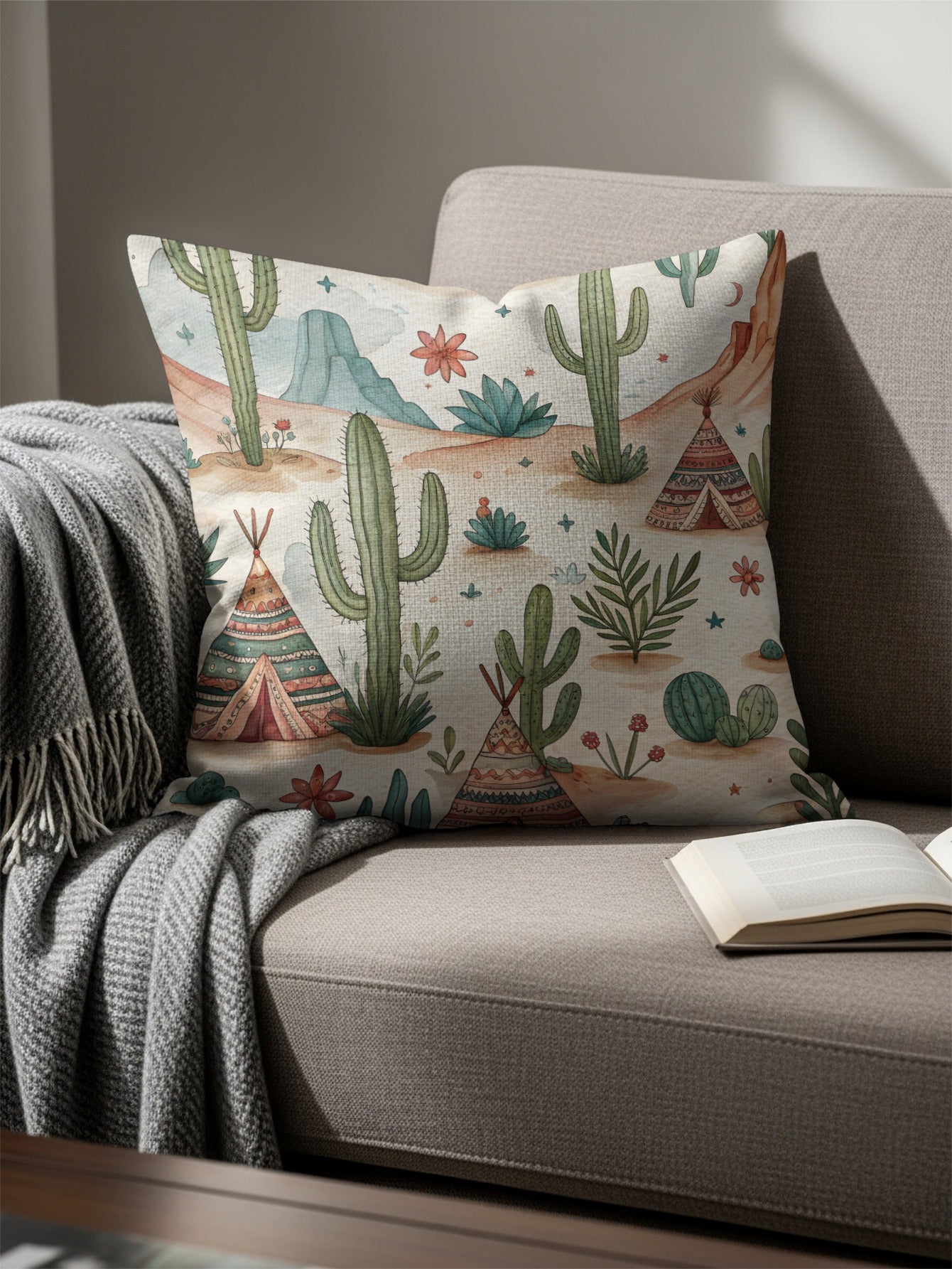 Desert Dreams with Teepees and Cacti Watercolor Style Pillows & Pillow Cases - Walk Greener