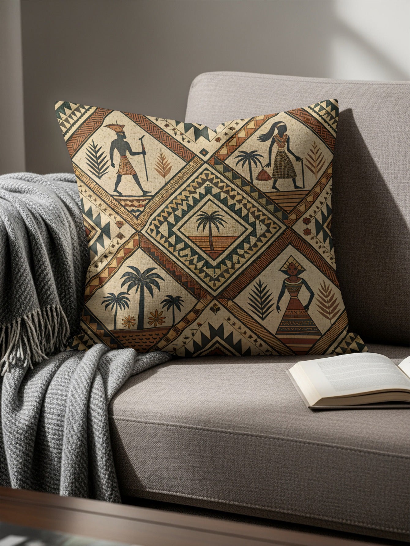 Egyptian Figures Palm Trees Cultural Pattern Pillows & Pillow Cases - Walk Greener