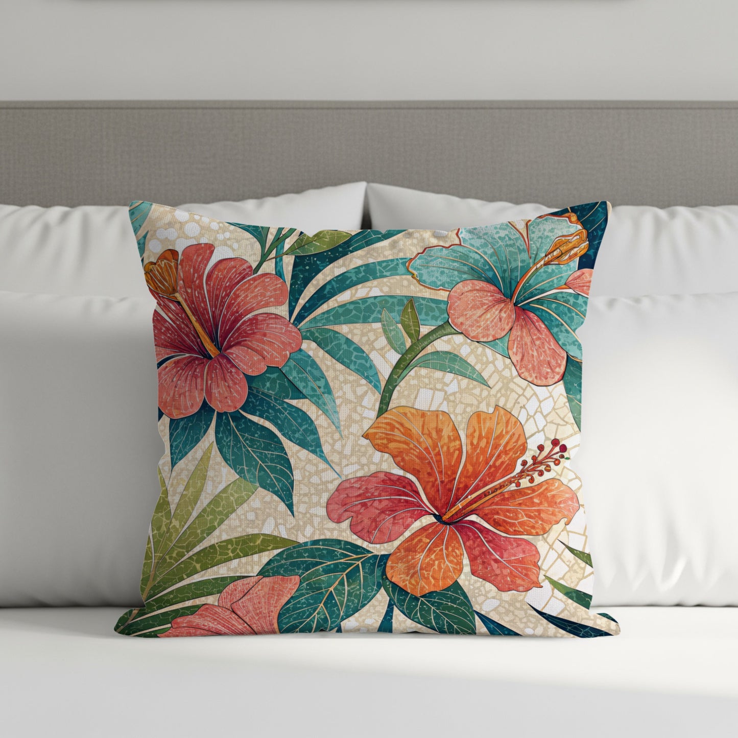 Vibrant Tropical Hibiscus Flower Print Decorative Pillow