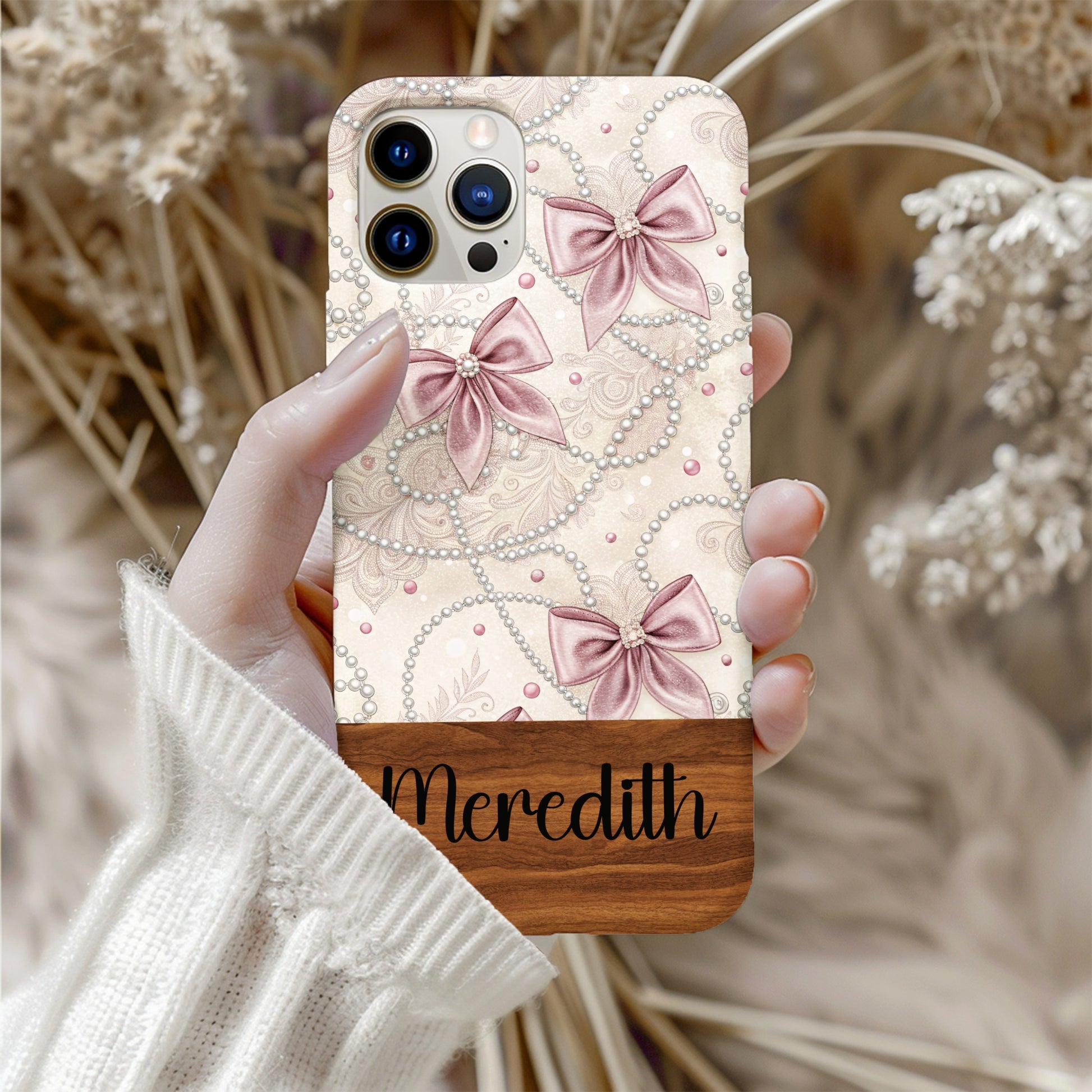 Personalized Pink Bows and Pearls Design Phone Case