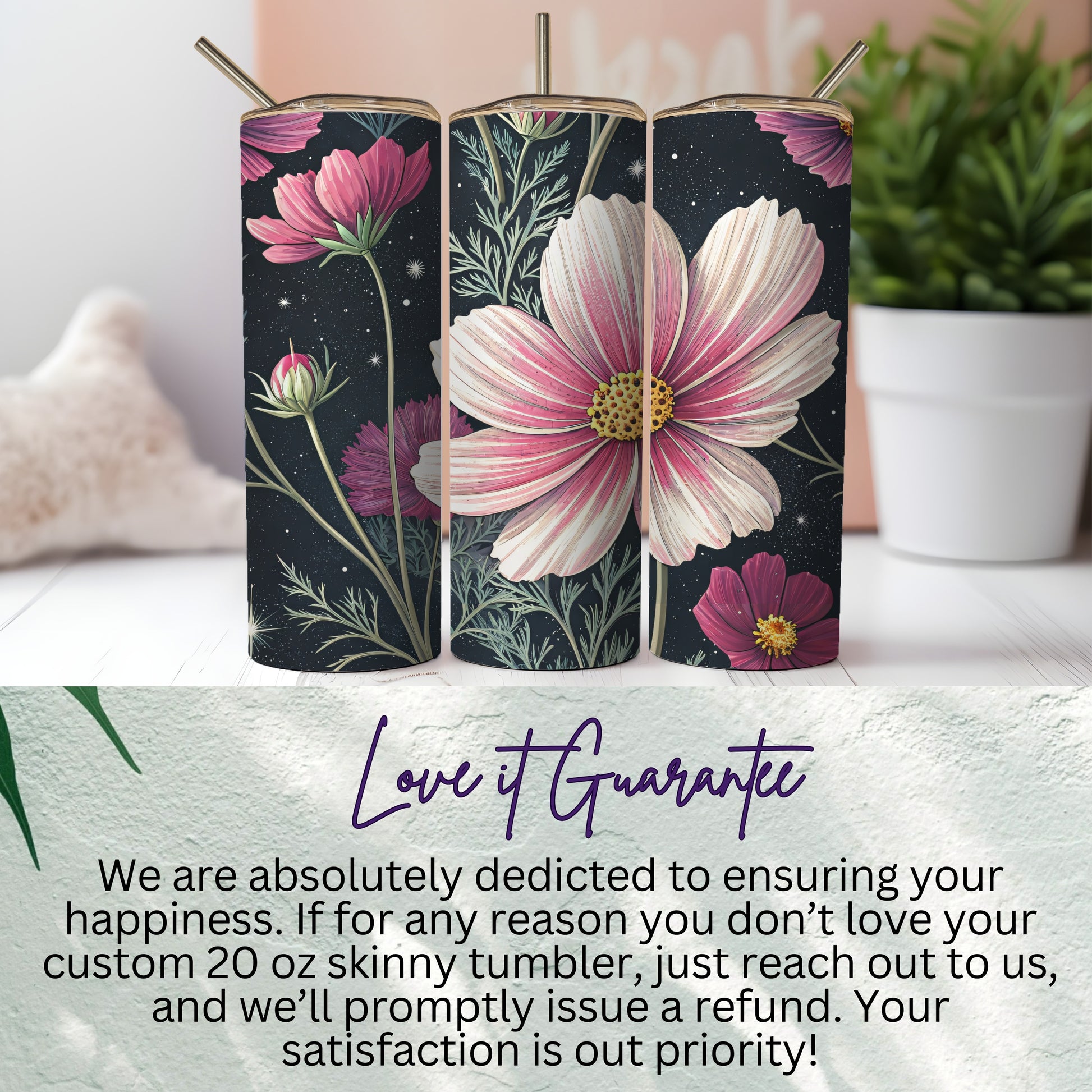 Elegant Cosmos Floral Pattern Design on Dark Backdrop Tumblers - Walk Greener