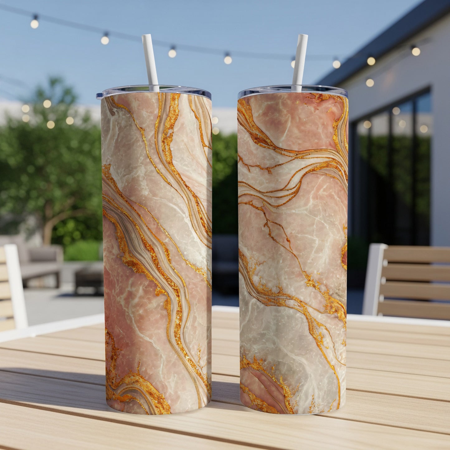 Elegant Marble Design Insulated Tumbler with Straw