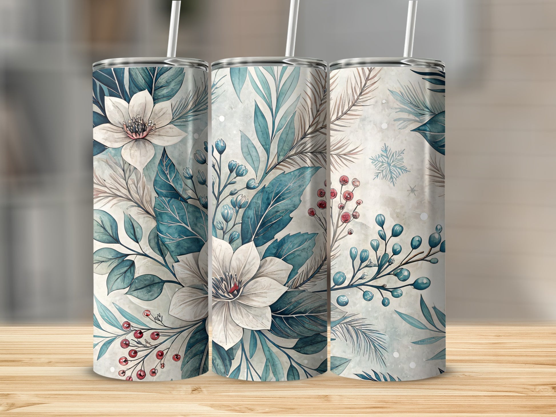 Elegant Botanical Floral and Berry Pattern Tumbler