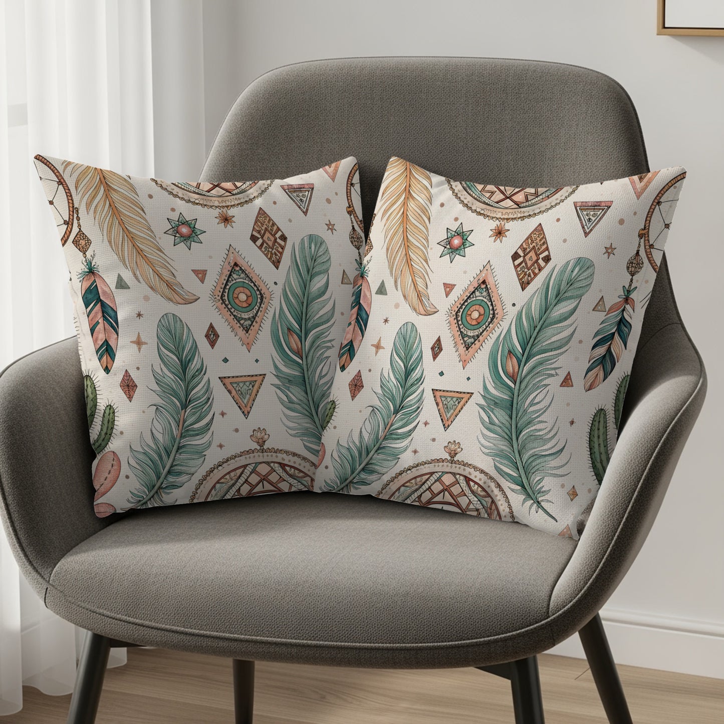 Bohemian Feather and Geometric Pattern Pillow Set