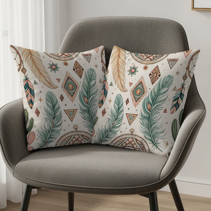 Bohemian Feather and Geometric Pattern Pillow Set