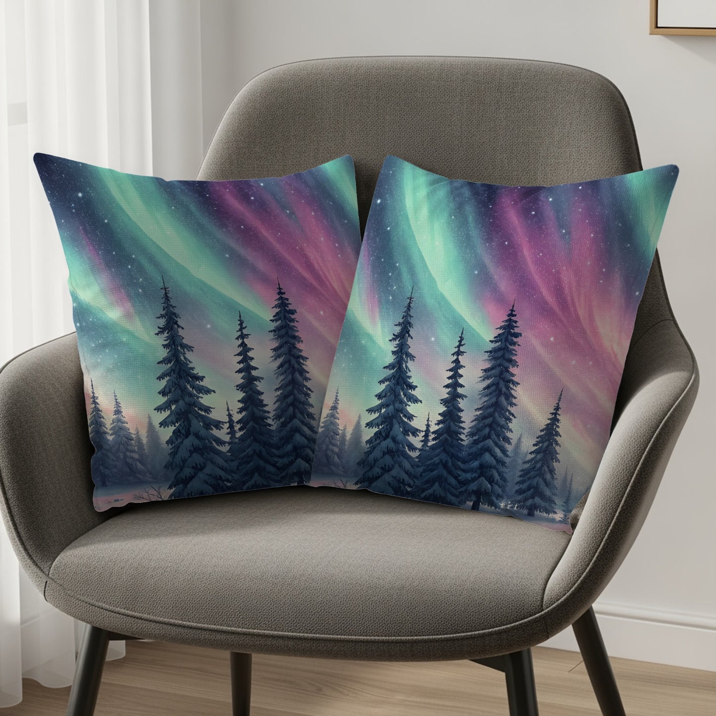 Northern Lights Forest Scene Throw Pillow Set
