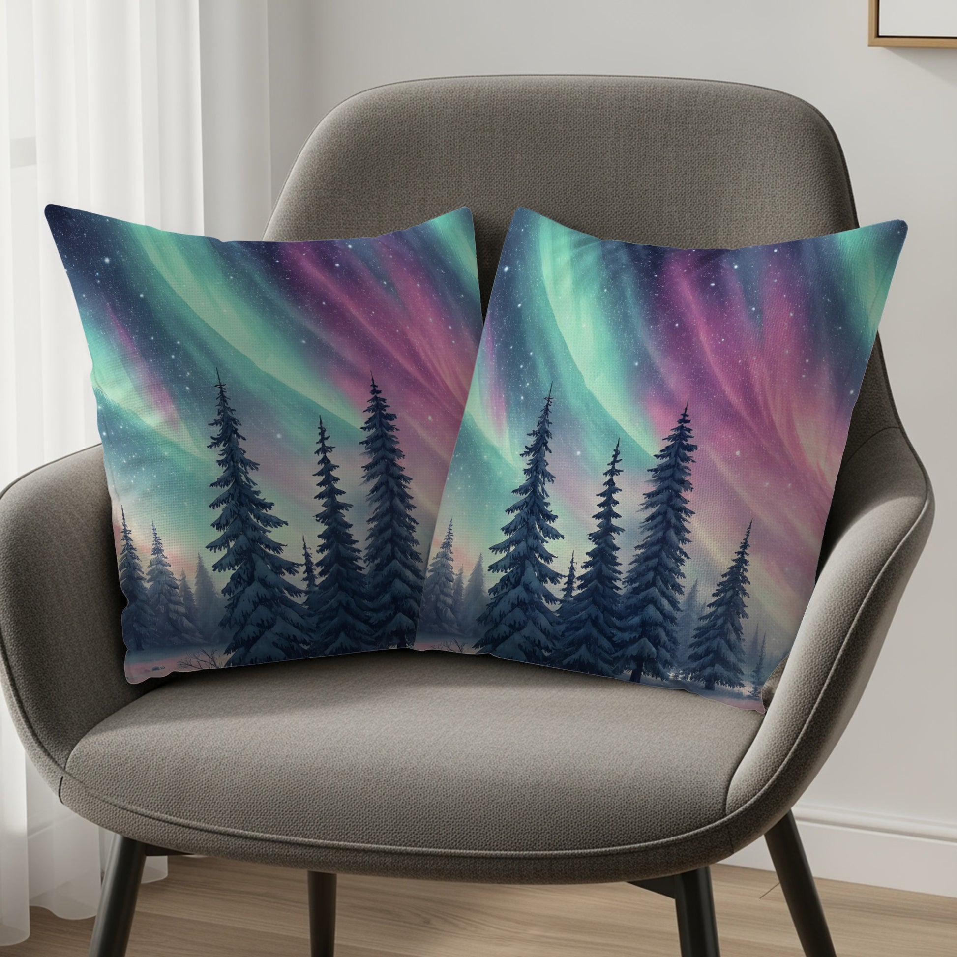 Northern Lights Forest Scene Throw Pillow Set