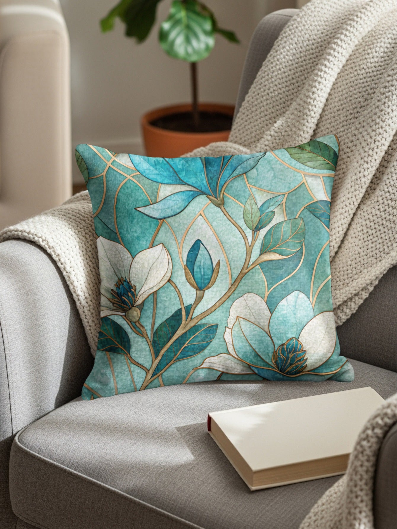 Magnolia Blossoms Floral Mosaic Art Patterned Throw Pillows - Walk Greener