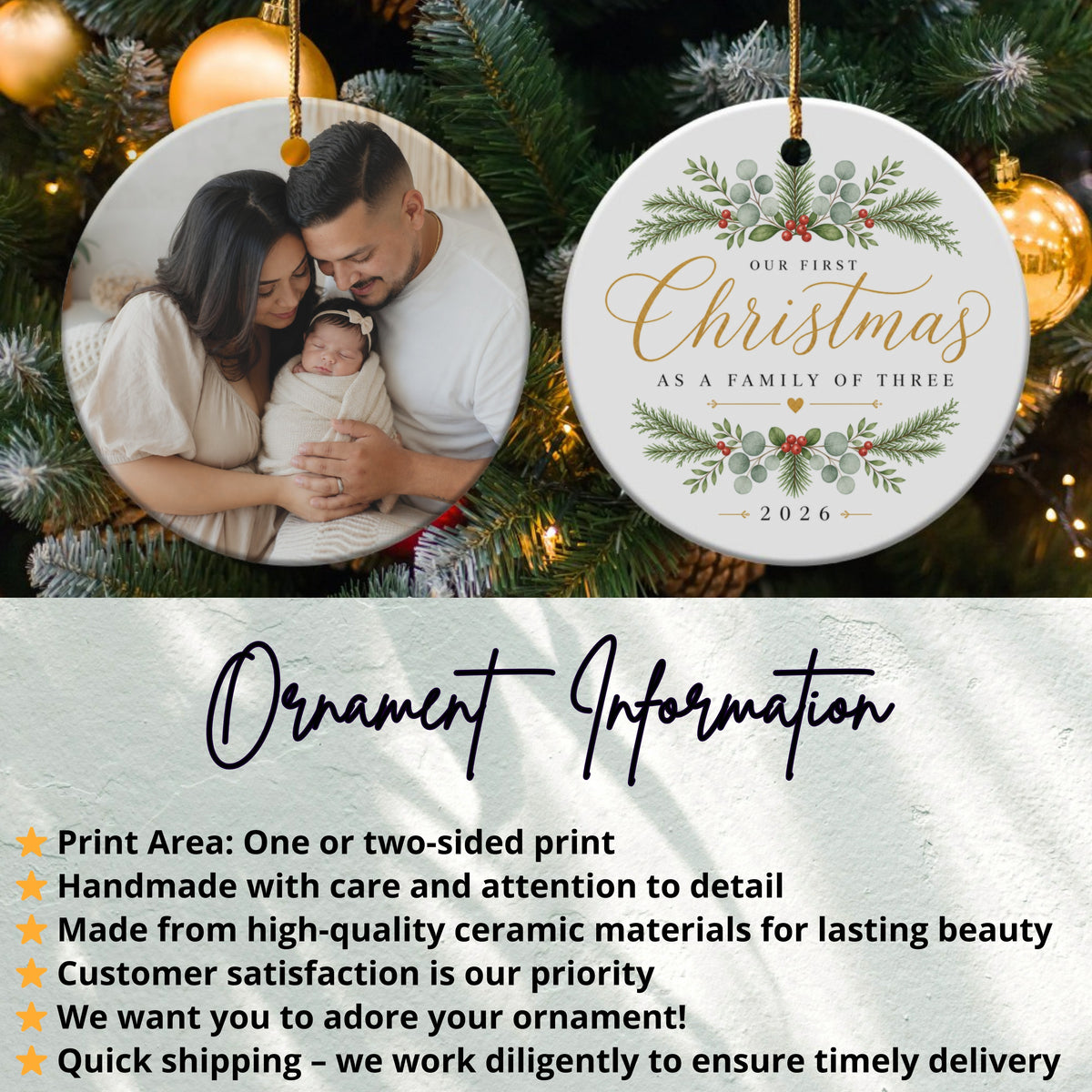 First Christmas as a family of three ornament with photo and 2026 date.