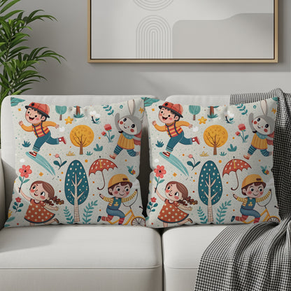 Cartoon Children in Forest with Animals Illustration Throw Pillows - Walk Greener