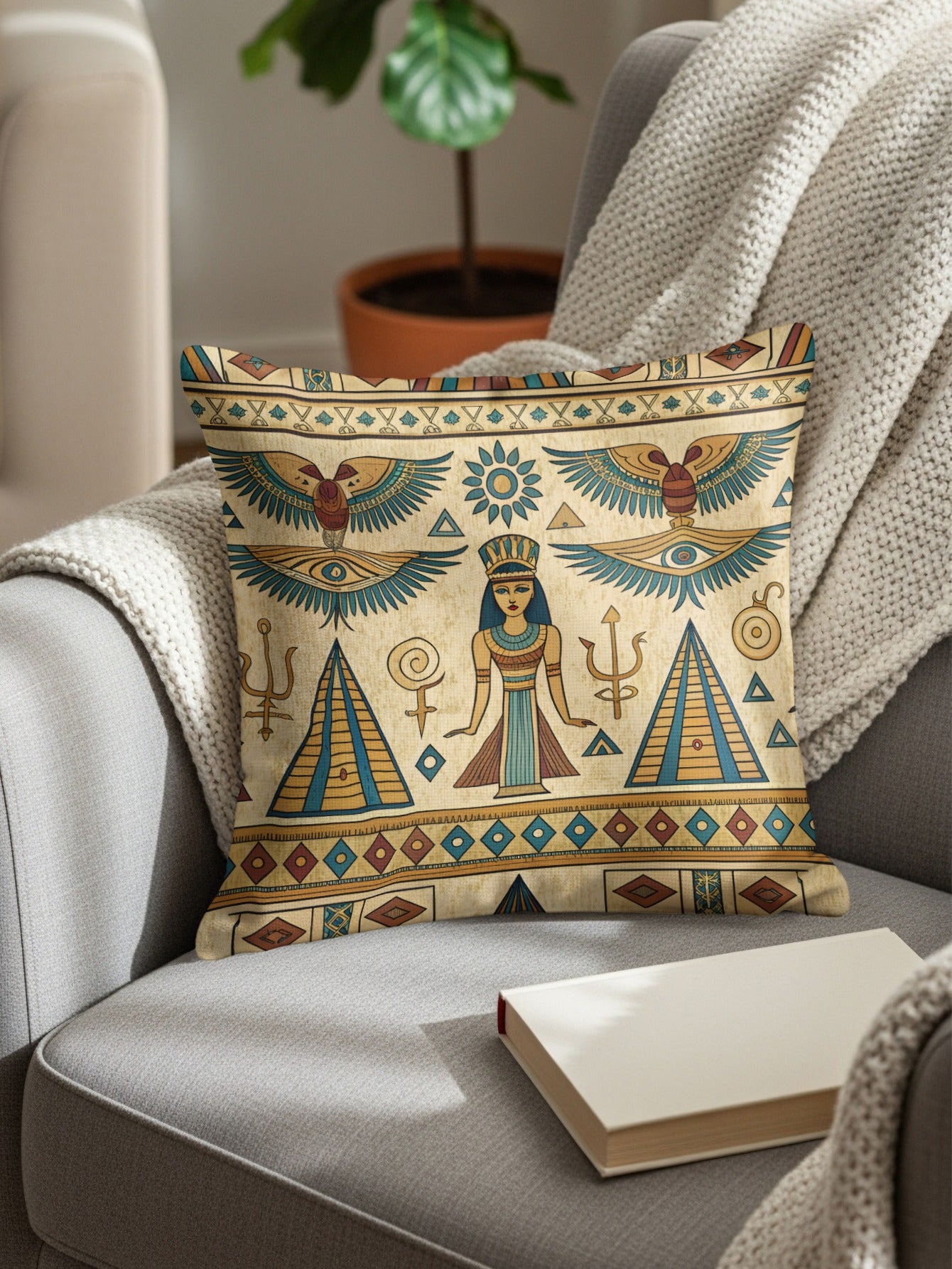 Egyptian Ancient Style Figures Symbols Teal Gold Pillows & Pillow Cases - Walk Greener