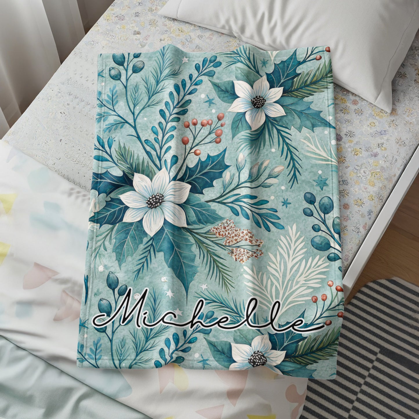Personalized Floral Holiday Blanket with Name Michelle