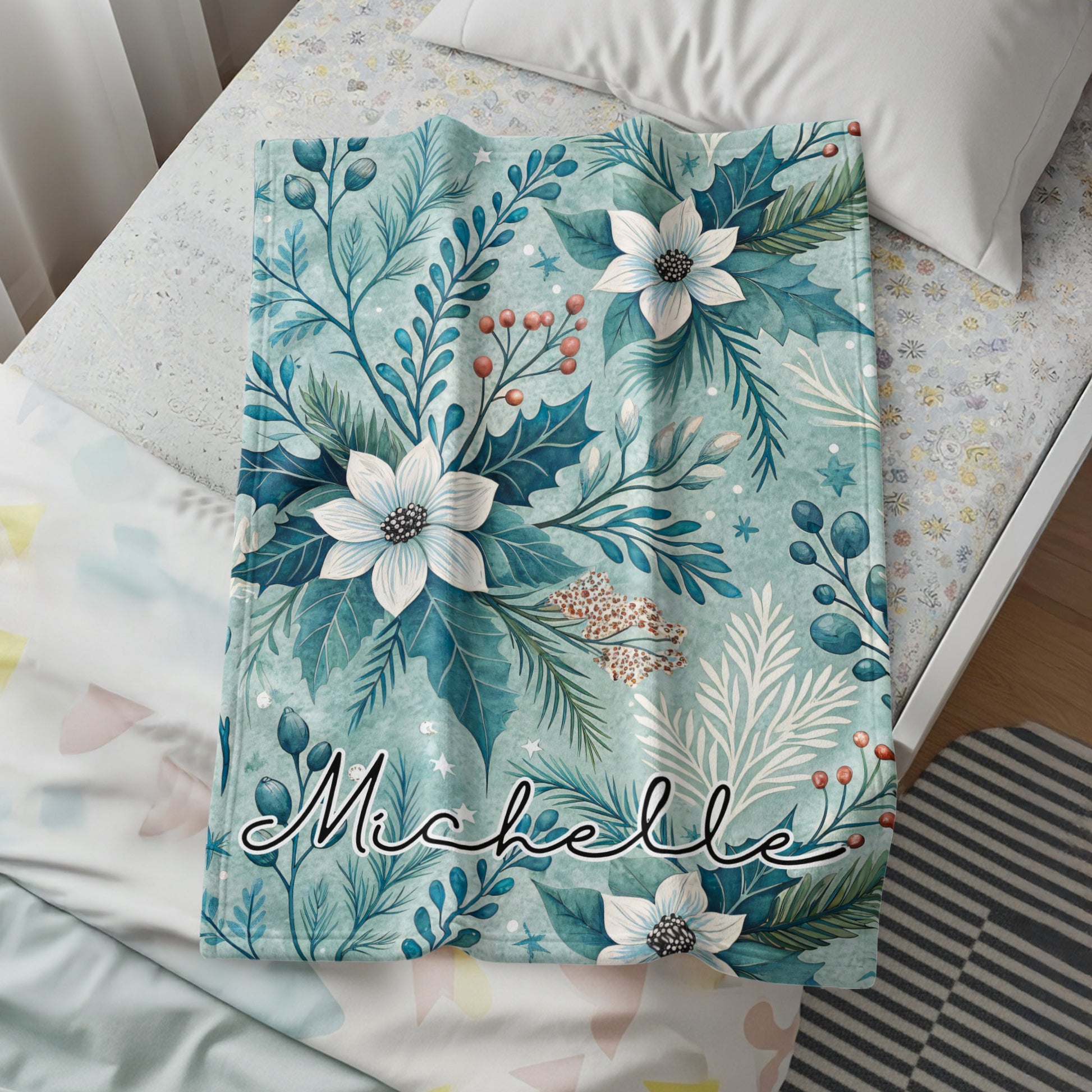 Personalized Floral Holiday Blanket with Name Michelle