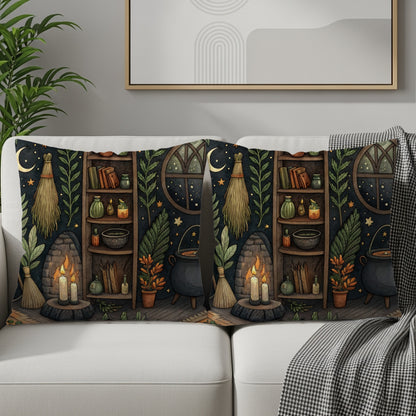 Cozy Witch Cottage with Cauldron and Candle Throw Pillows - Walk Greener