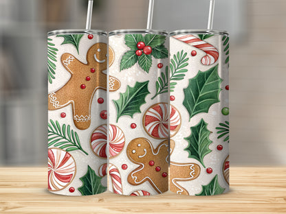 Festive Gingerbread and Holly Stainless Steel Tumbler