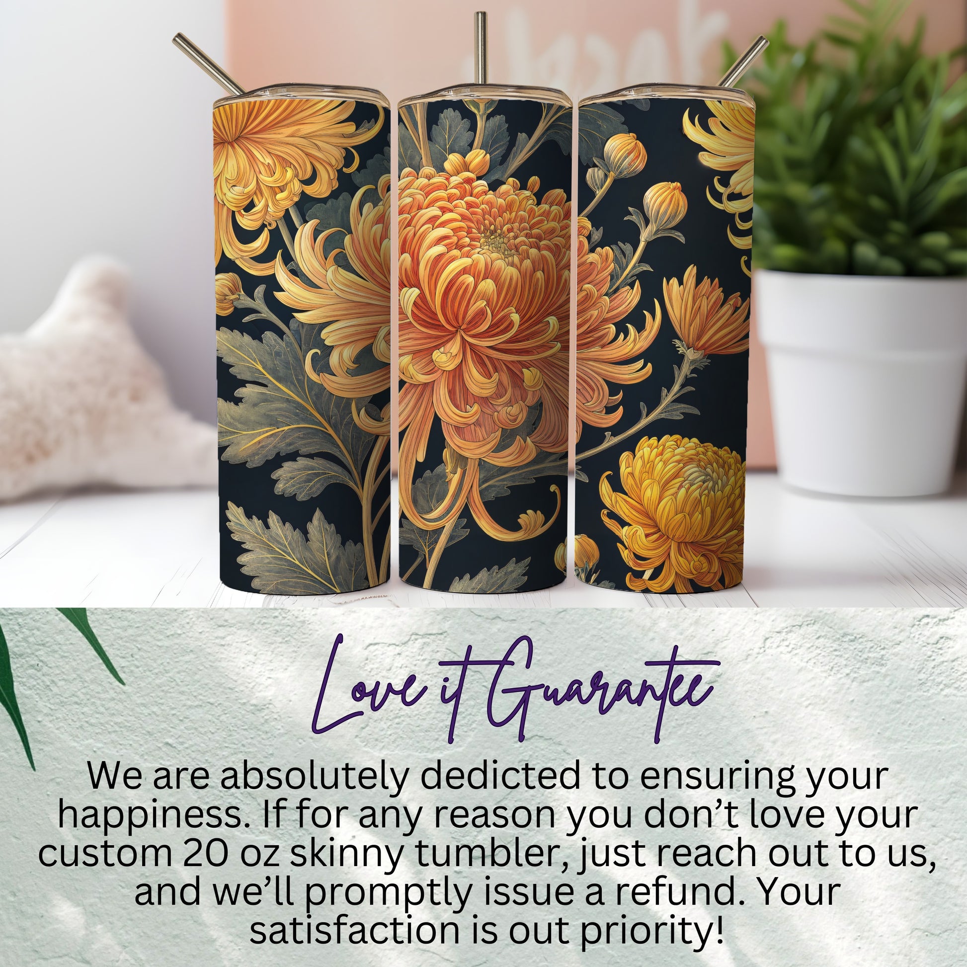 Golden Chrysanthemums Floral Design on Black Background Tumblers - Walk Greener