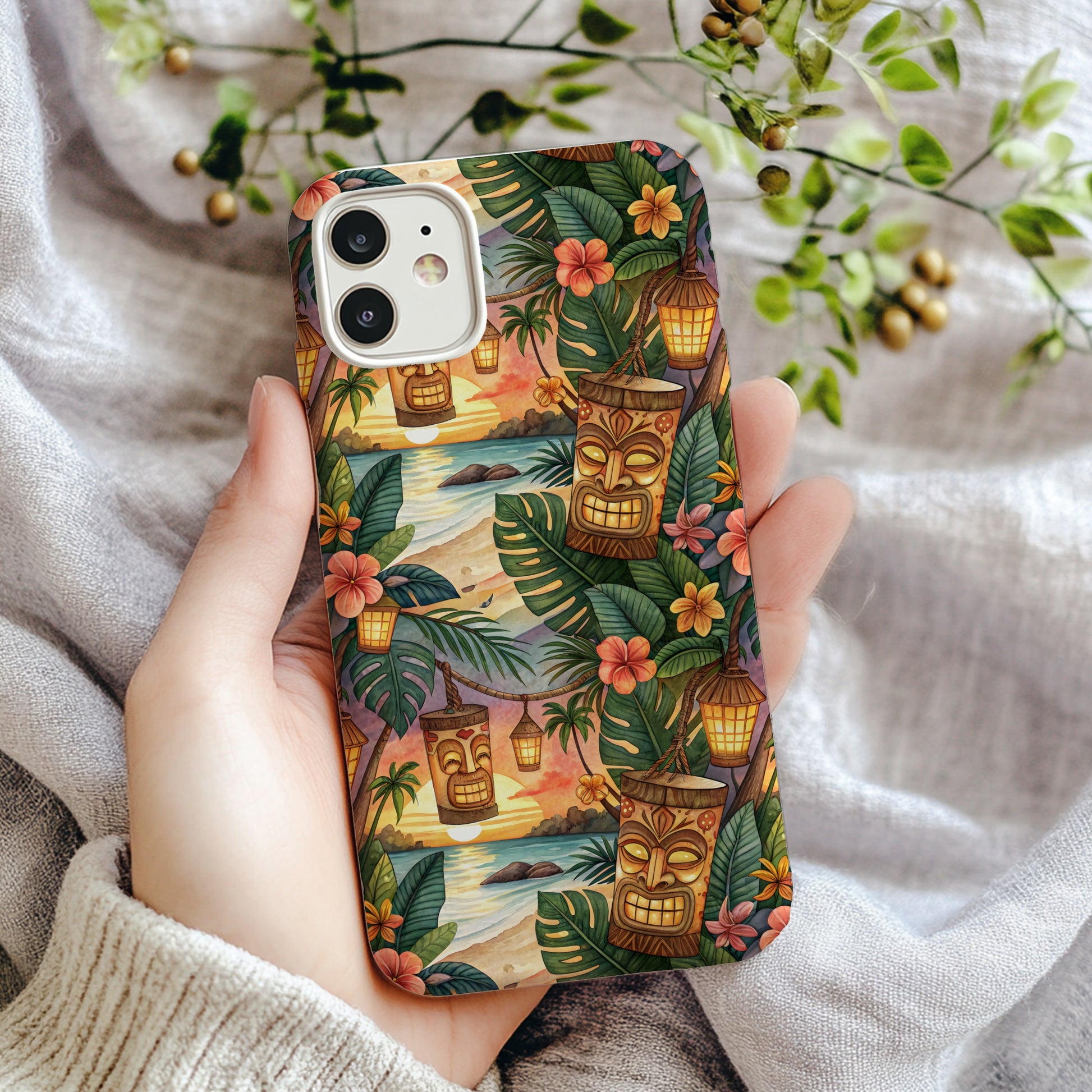 Tiki Tropical Sunset Scene with Floral Pattern Phone Case