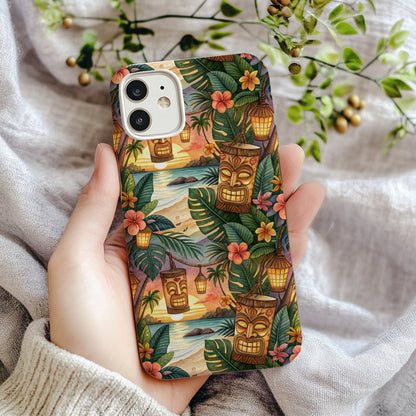 Tiki Tropical Sunset Scene with Floral Pattern Phone Case