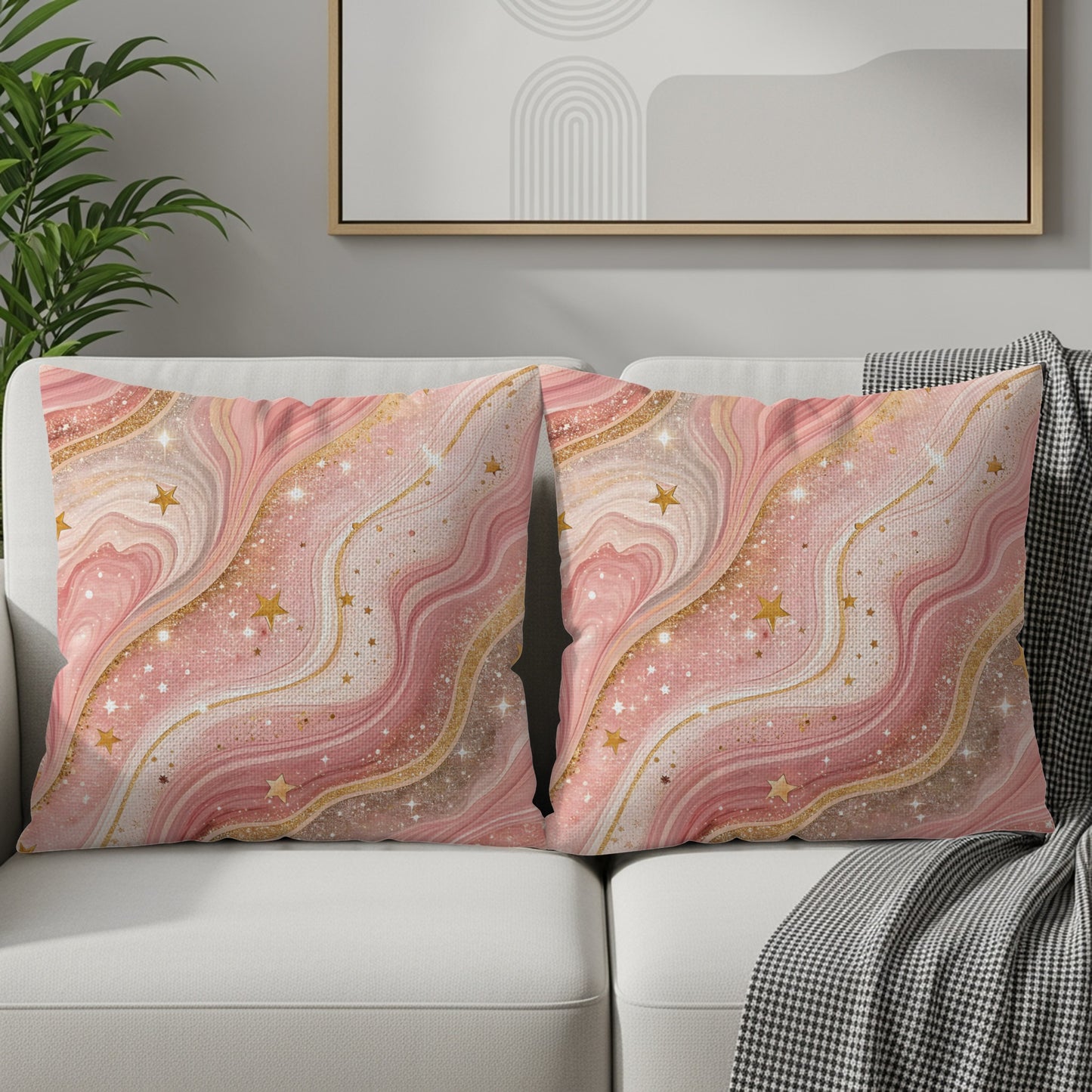 Pink Gold Star Flowing Abstract Design Pattern Throw Pillows - Walk Greener