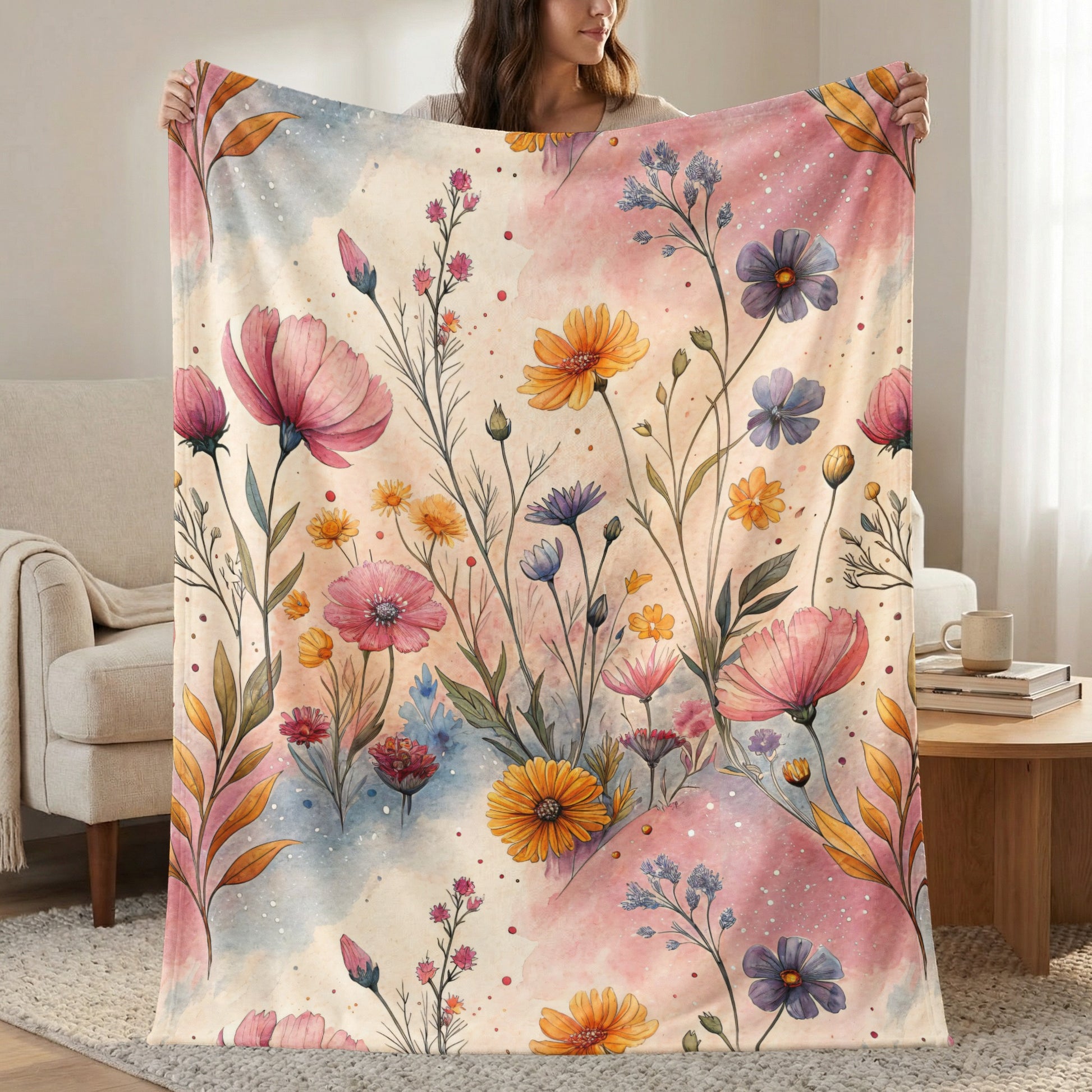 Watercolor Meadow Flowers on Light Background Velveteen Plush Blankets - Walk Greener