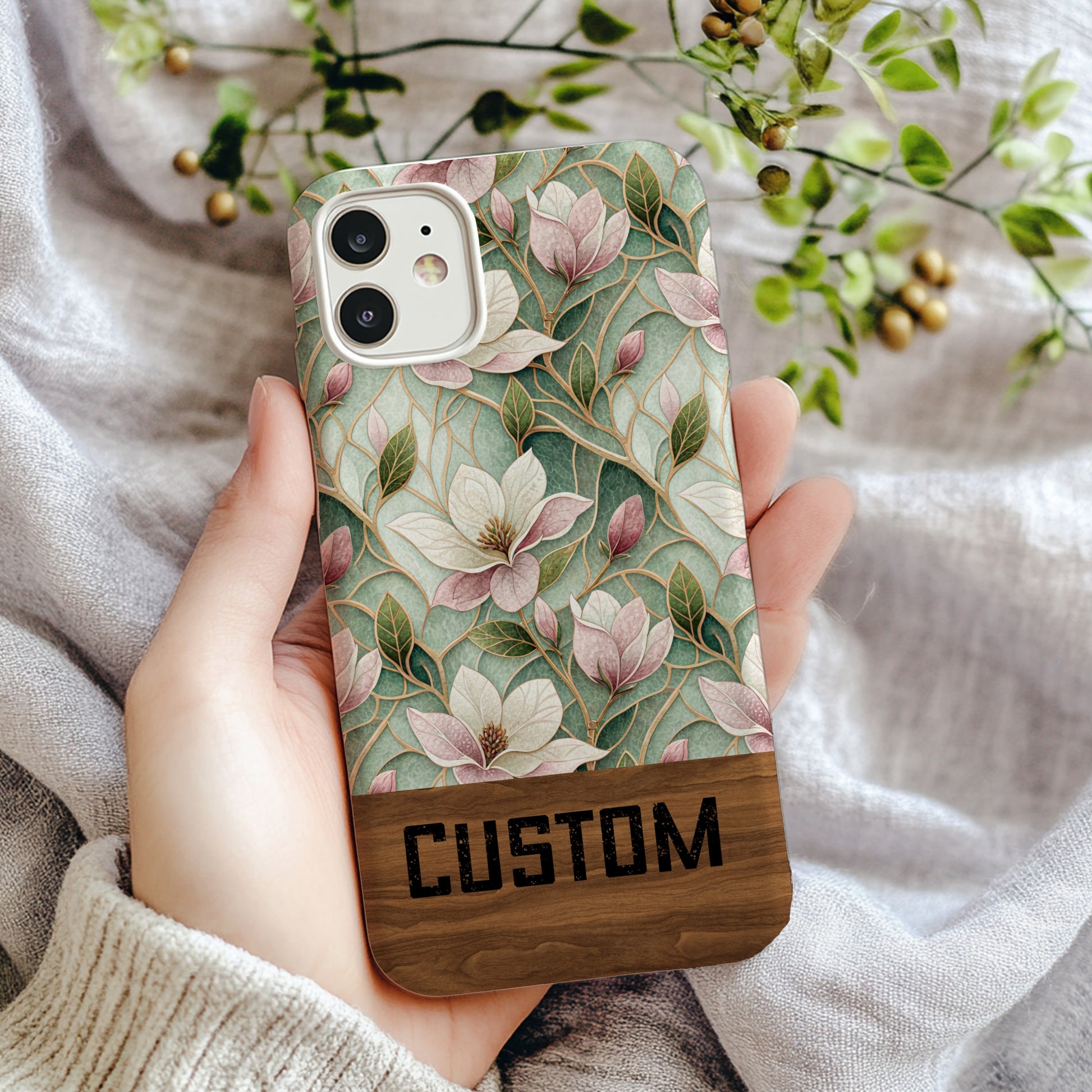 Custom Floral Patterned Case with Green Leaves Design