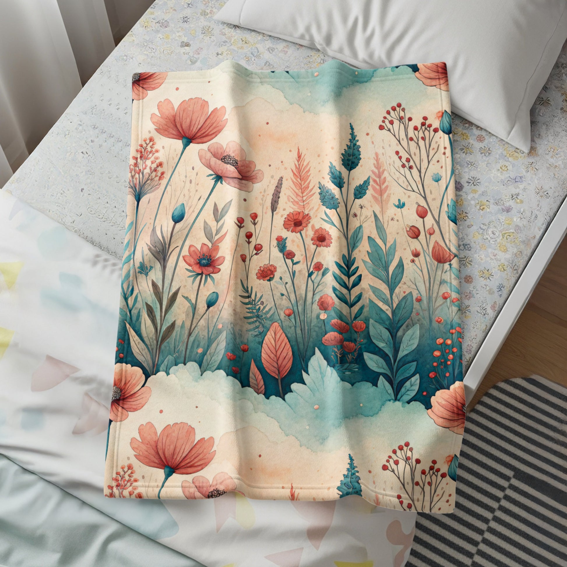 Watercolor Floral Meadow Peach Blossoms and Blue Sprigs - Walk Greener