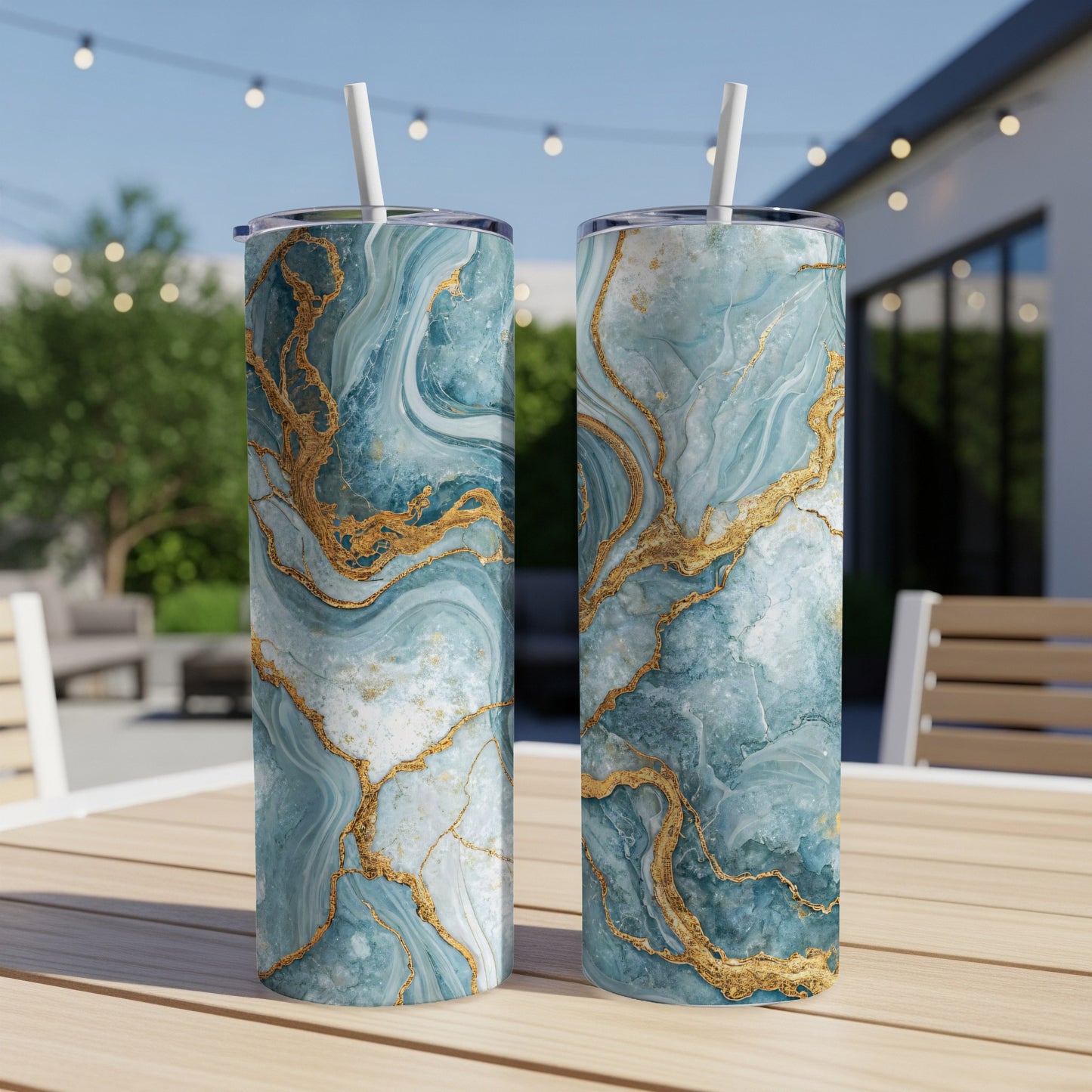 Marble Effect Insulated Tumblers with Lids and Straws