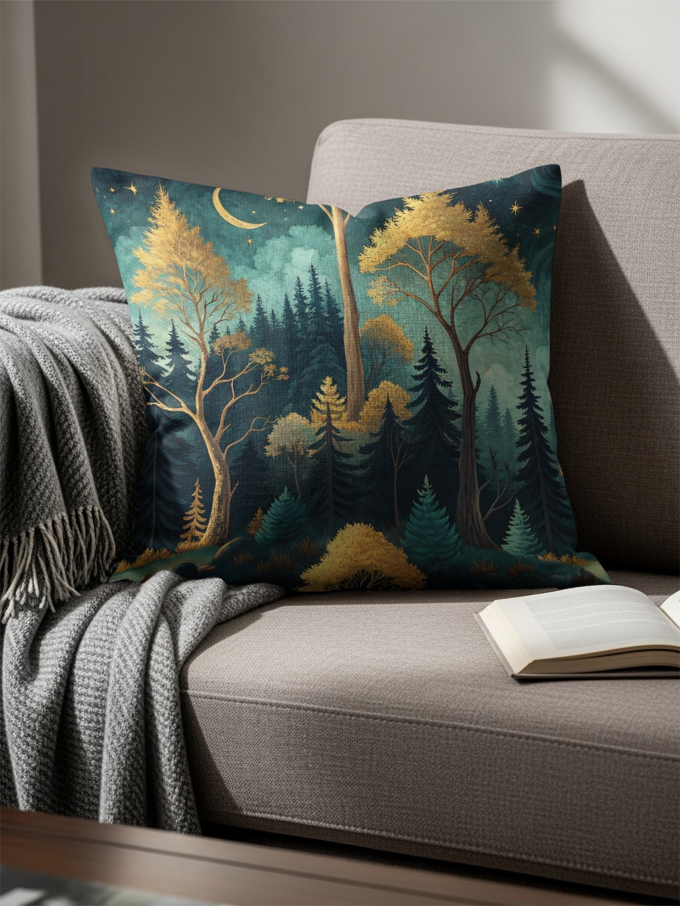 Enchanting Moonlit Forest Scene Throw Pillow