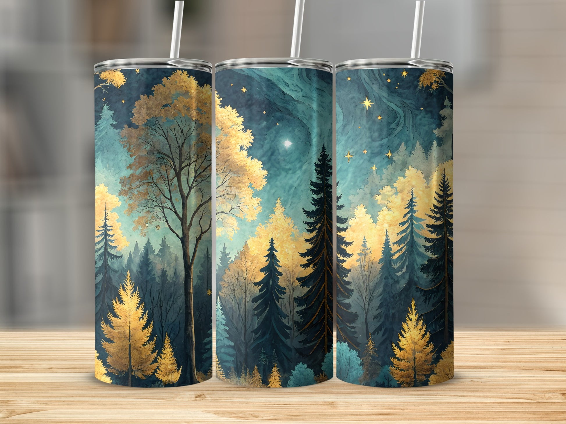 Starry Night Forest Tumbler with Yellow and Green Trees